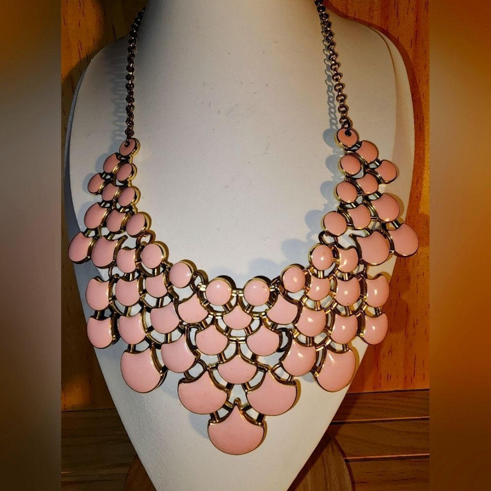 Jane Stone Pink Necklace Fashion Statement Collar Openwork Bib Costume Jewelry